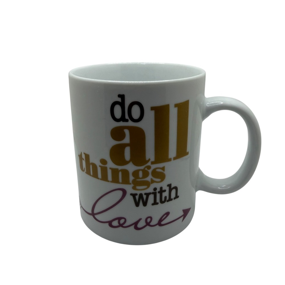 Do All Things with Love Coffee Mug White Gold Purple Inspirational Quote Cup‎